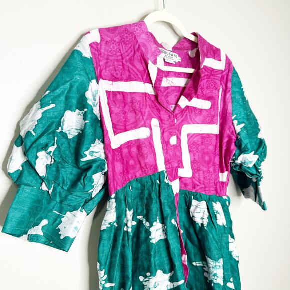 Busayo Tayo Mixed Batik Print Tie Dye Cotton Midi Puff Sleeve Dress Large - Picture 4 of 7